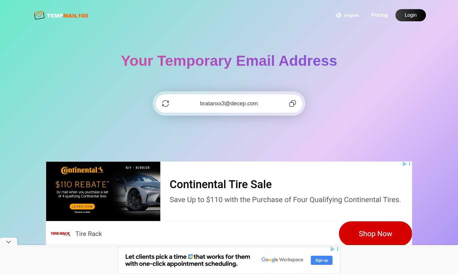 Temp Mail application interface and features