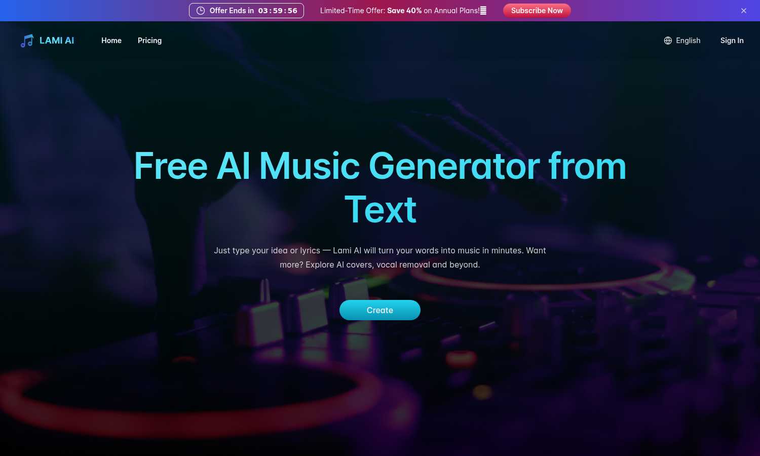 Lami.ai: Free AI Music Generator from Text application interface and features