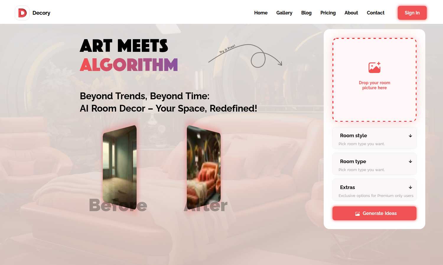 Decory application interface and features