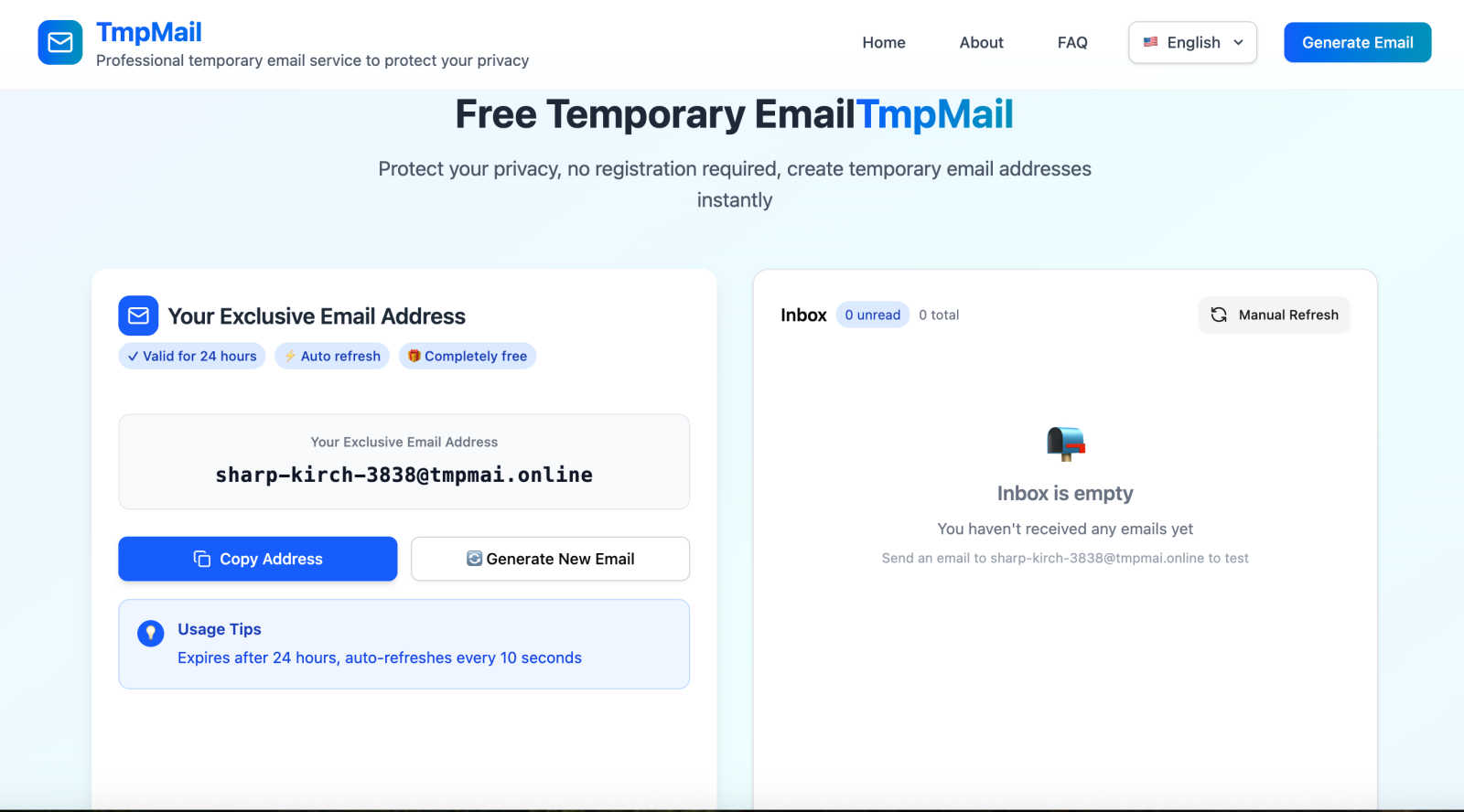 Tmp Mail application interface and features