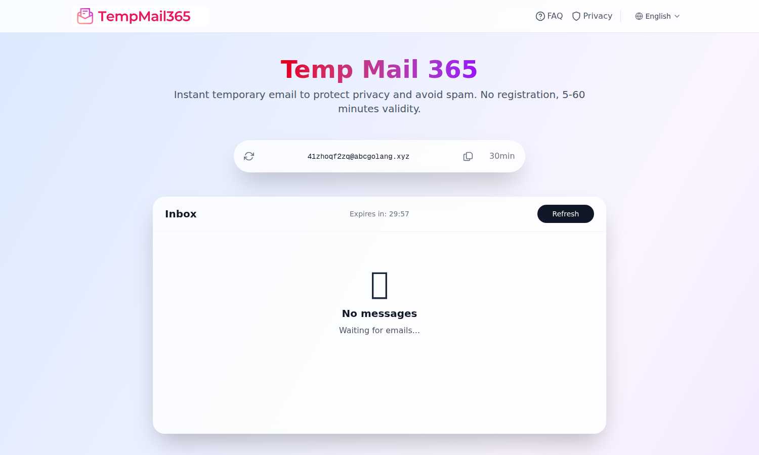Temp Mail 365 application interface and features