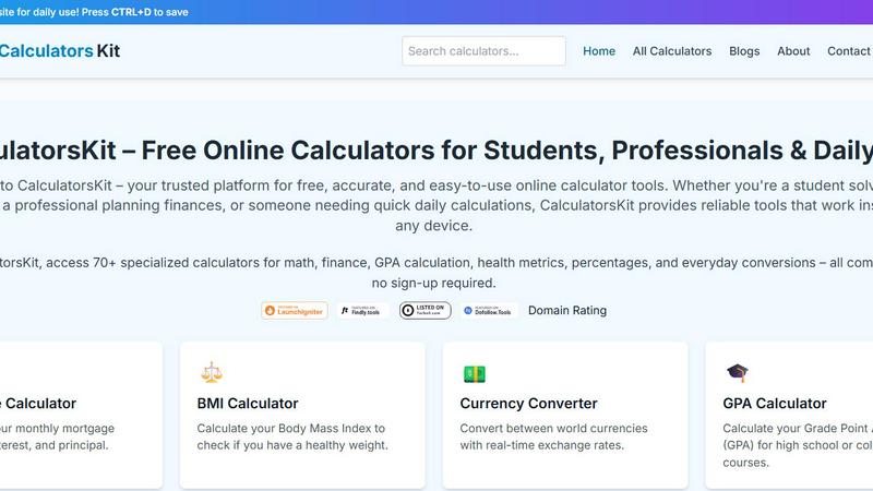 CalculatorsKit application interface and features