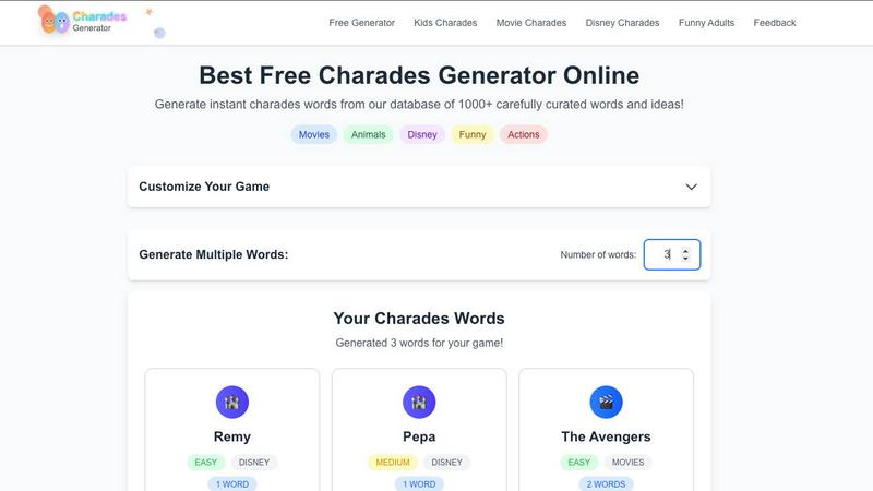 Charades Generator application interface and features