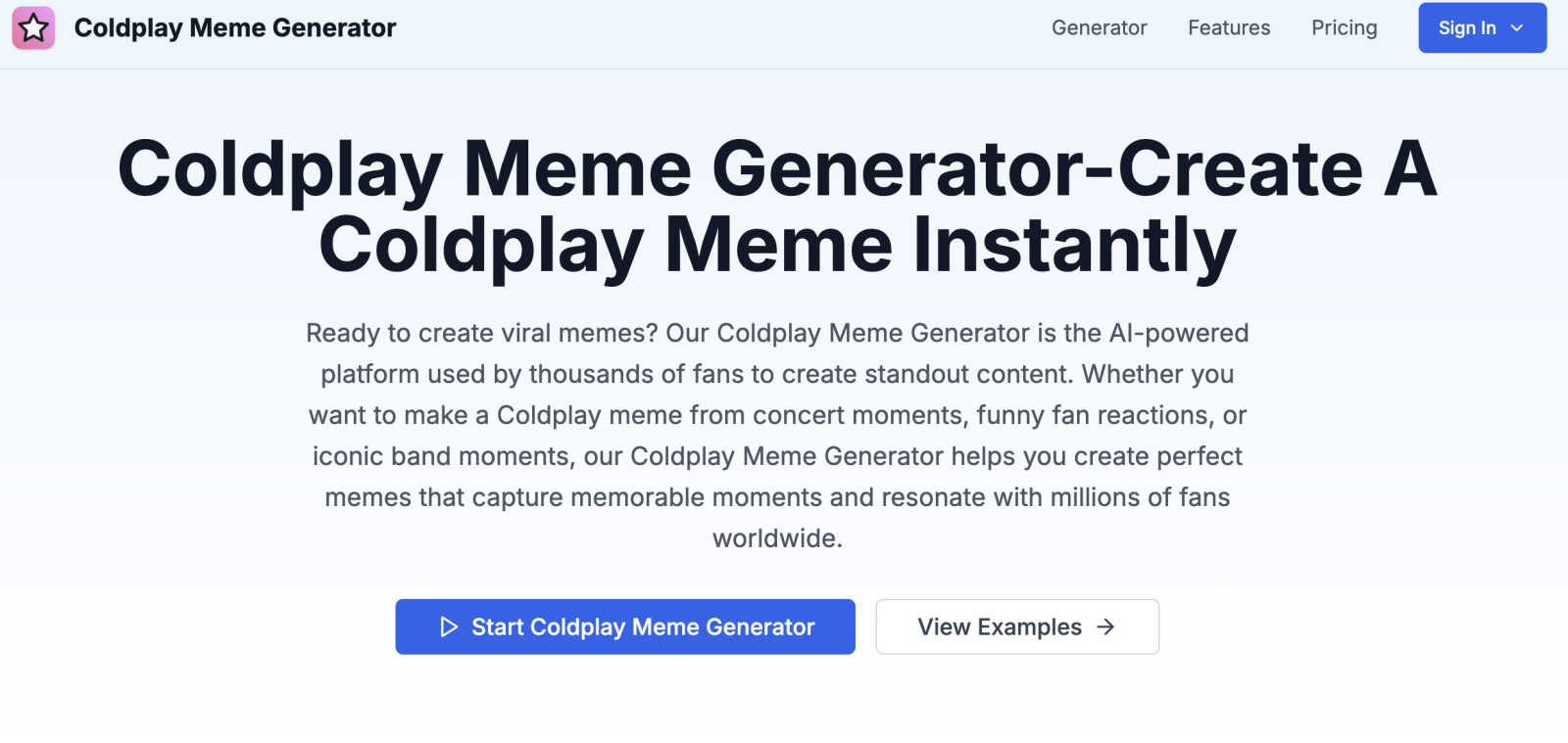 Coldplay Meme Generator application interface and features