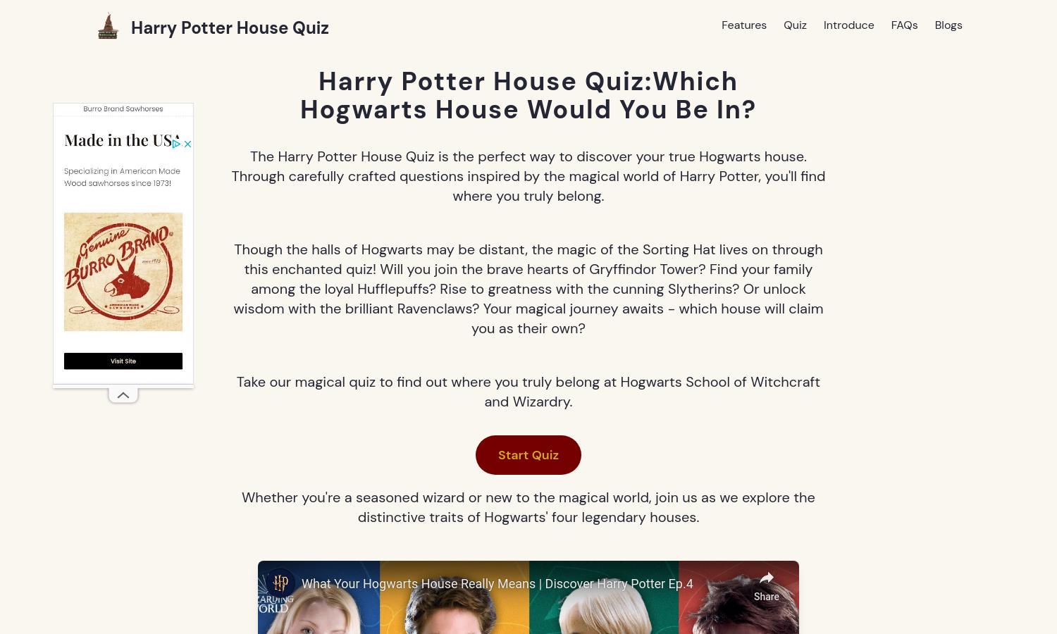 Harry Potter House Quiz Website