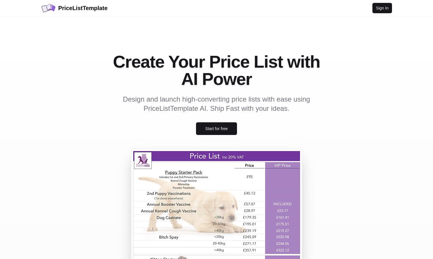 PriceListTemplate Website