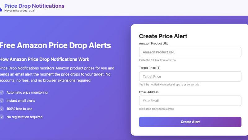Price Drop Notifications application interface and features